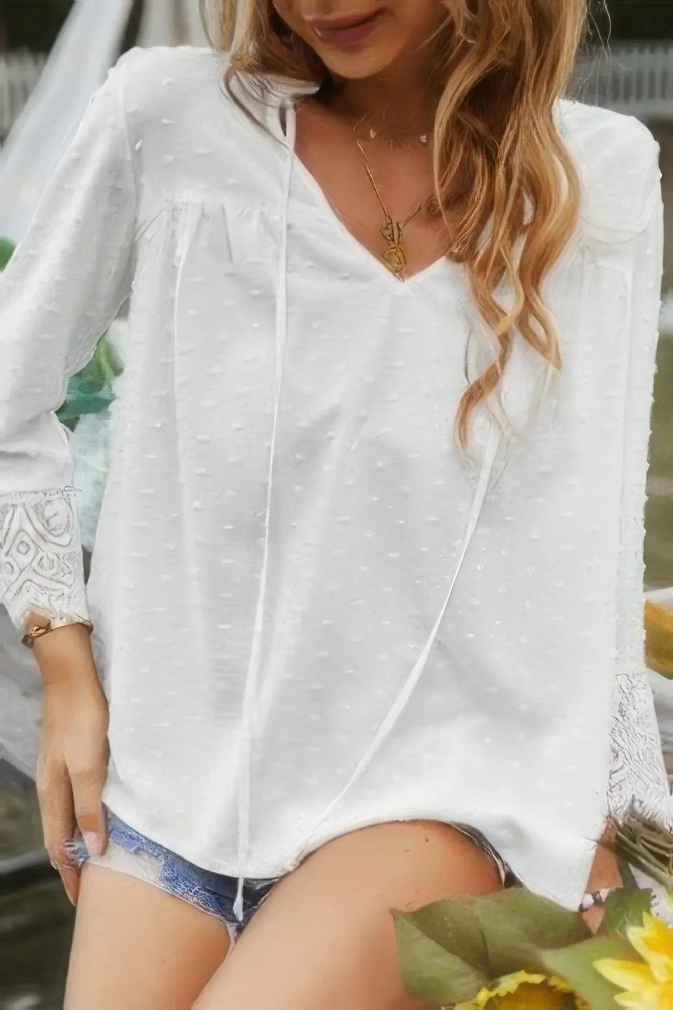 Swiss Dot Lace Splicing Sleeve V Neck Blouse | Mixtshop LLC