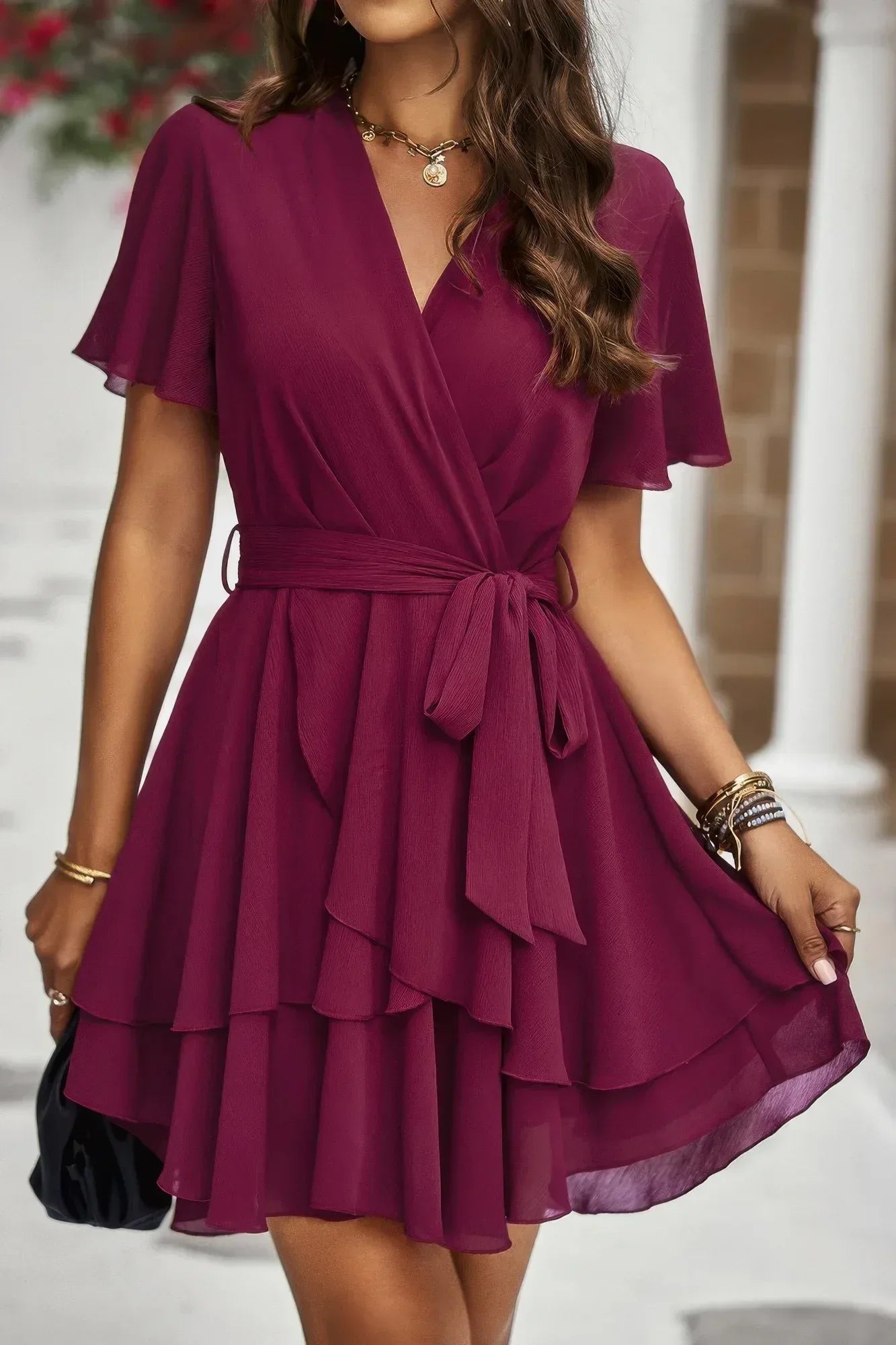 Chiffon Layer Hem Waist Tie Layer Hem Ruffle Dress | Mixtshop LLC Main image