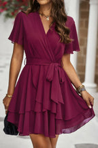 Chiffon Layer Hem Waist Tie Layer Hem Ruffle Dress | Mixtshop LLC