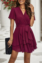 Chiffon Layer Hem Waist Tie Layer Hem Ruffle Dress | Mixtshop LLC
