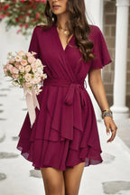 Chiffon Layer Hem Waist Tie Layer Hem Ruffle Dress | Mixtshop LLC
