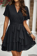 Chiffon Layer Hem Waist Tie Layer Hem Ruffle Dress | Mixtshop LLC