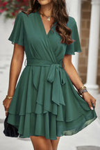 Chiffon Layer Hem Waist Tie Layer Hem Ruffle Dress | Mixtshop LLC
