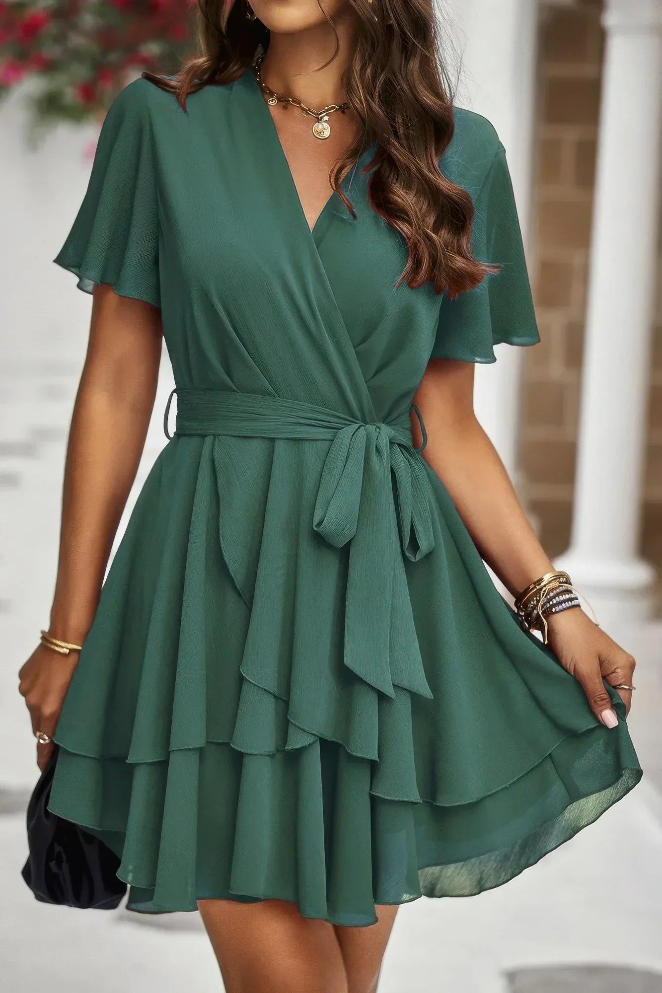 Chiffon Layer Hem Waist Tie Layer Hem Ruffle Dress | Mixtshop LLC