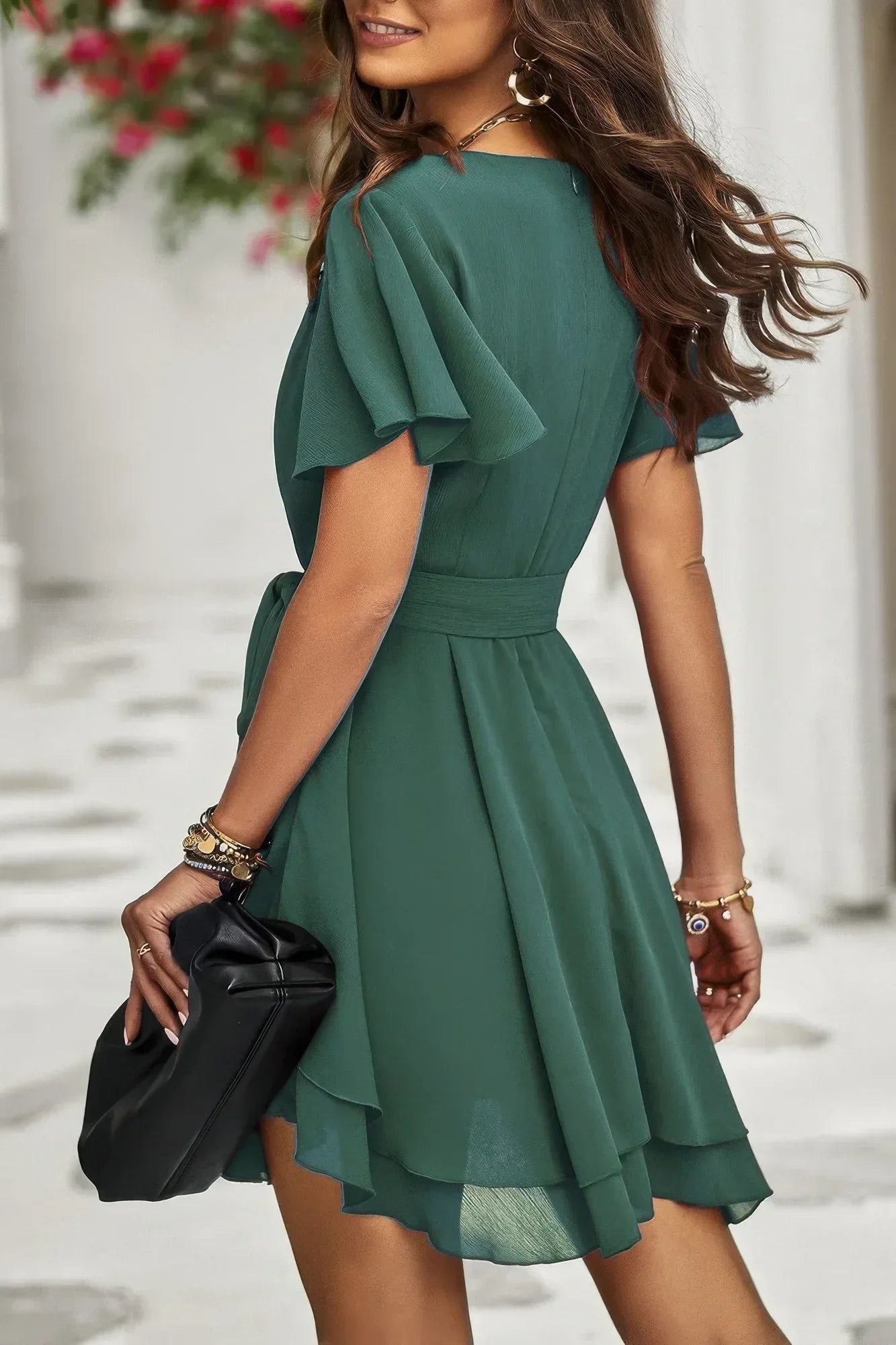 Chiffon Layer Hem Waist Tie Layer Hem Ruffle Dress | Mixtshop LLC