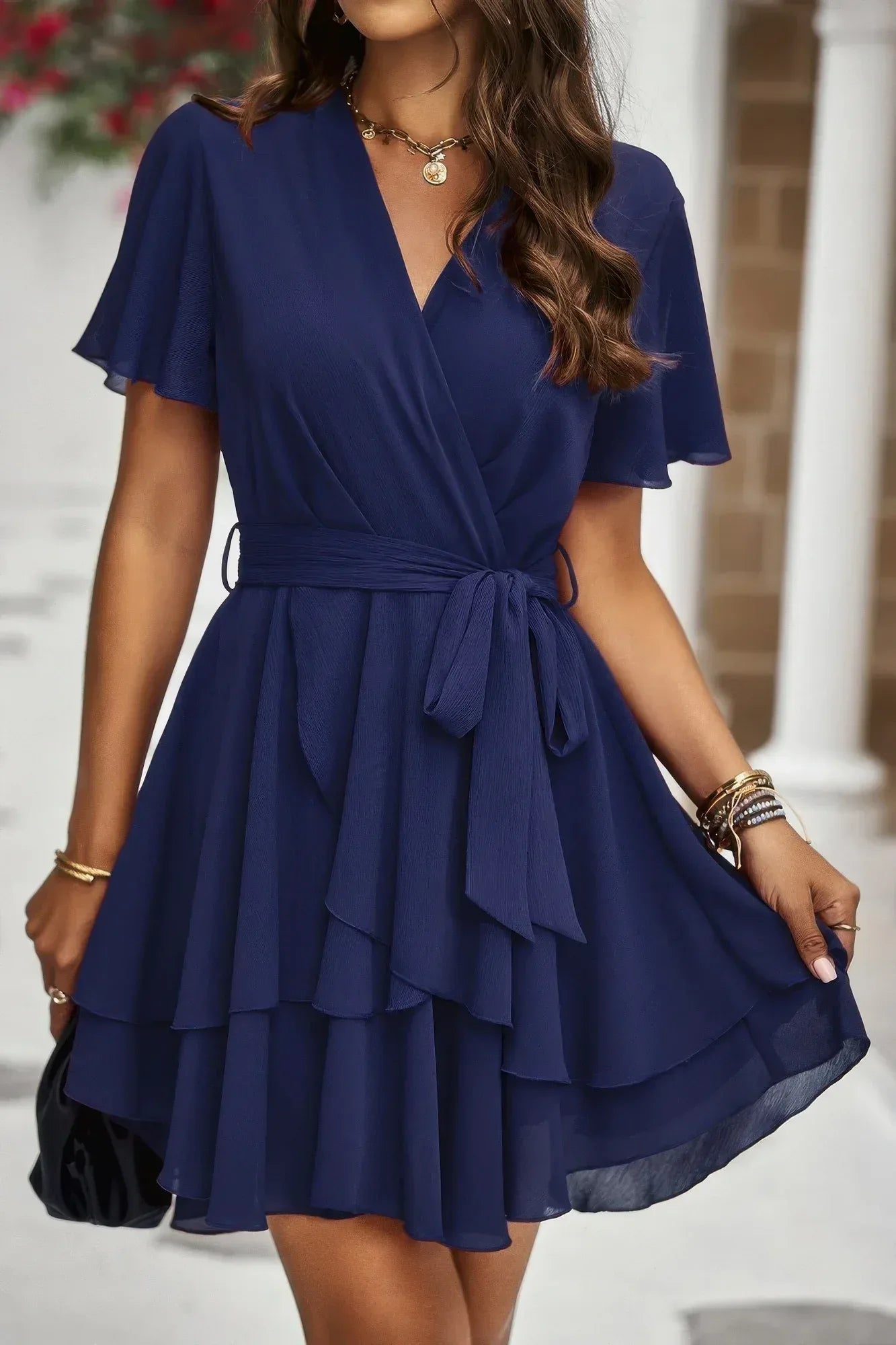 Chiffon Layer Hem Waist Tie Layer Hem Ruffle Dress | Mixtshop LLC