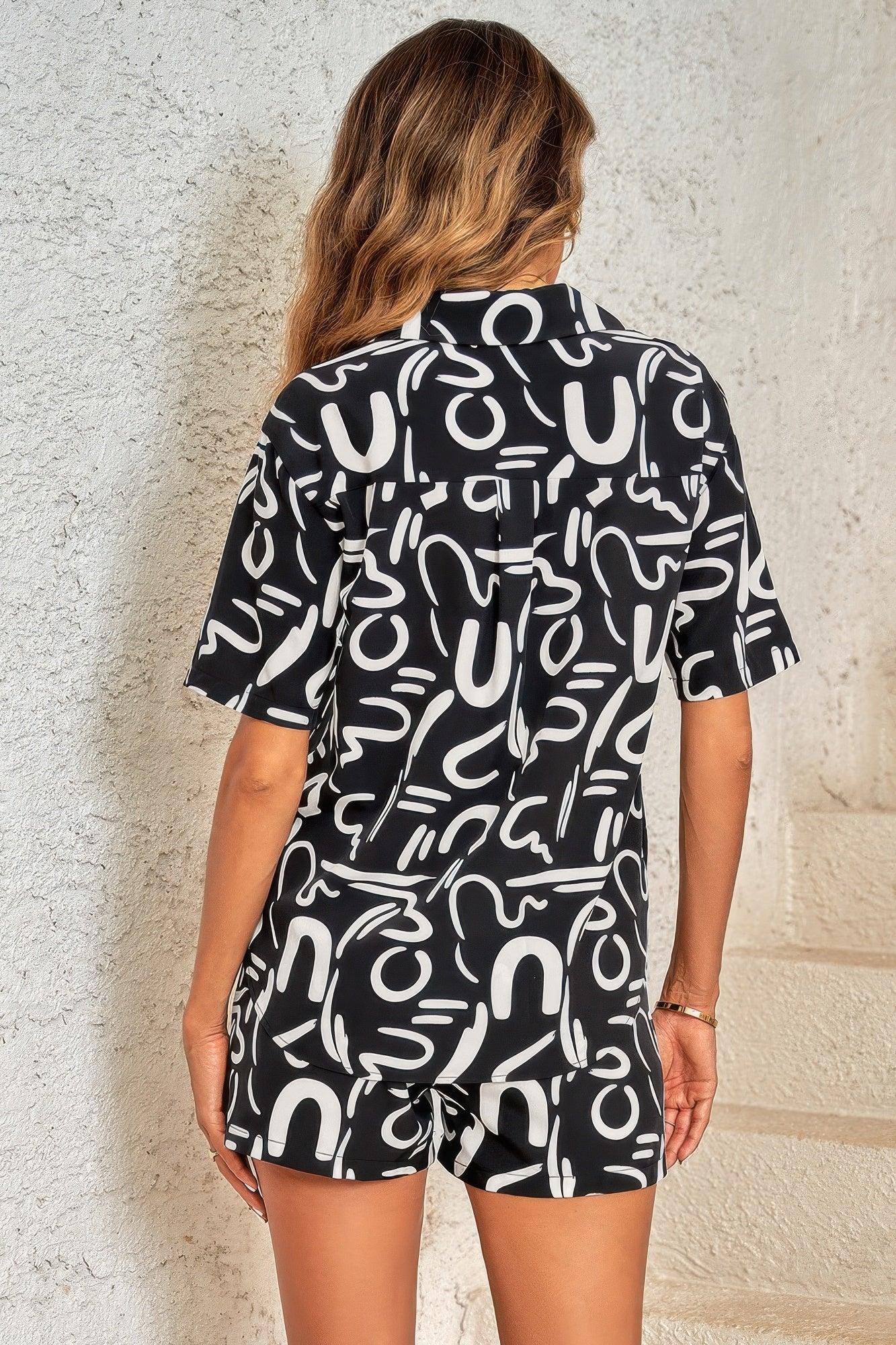 Outfit Sequins Lips Print Button Down Shorts Set | Mixtshop LLC
