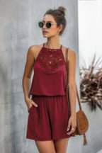 Solid Halter Lace Sleeveless Patchwork Romper | Mixtshop LLC