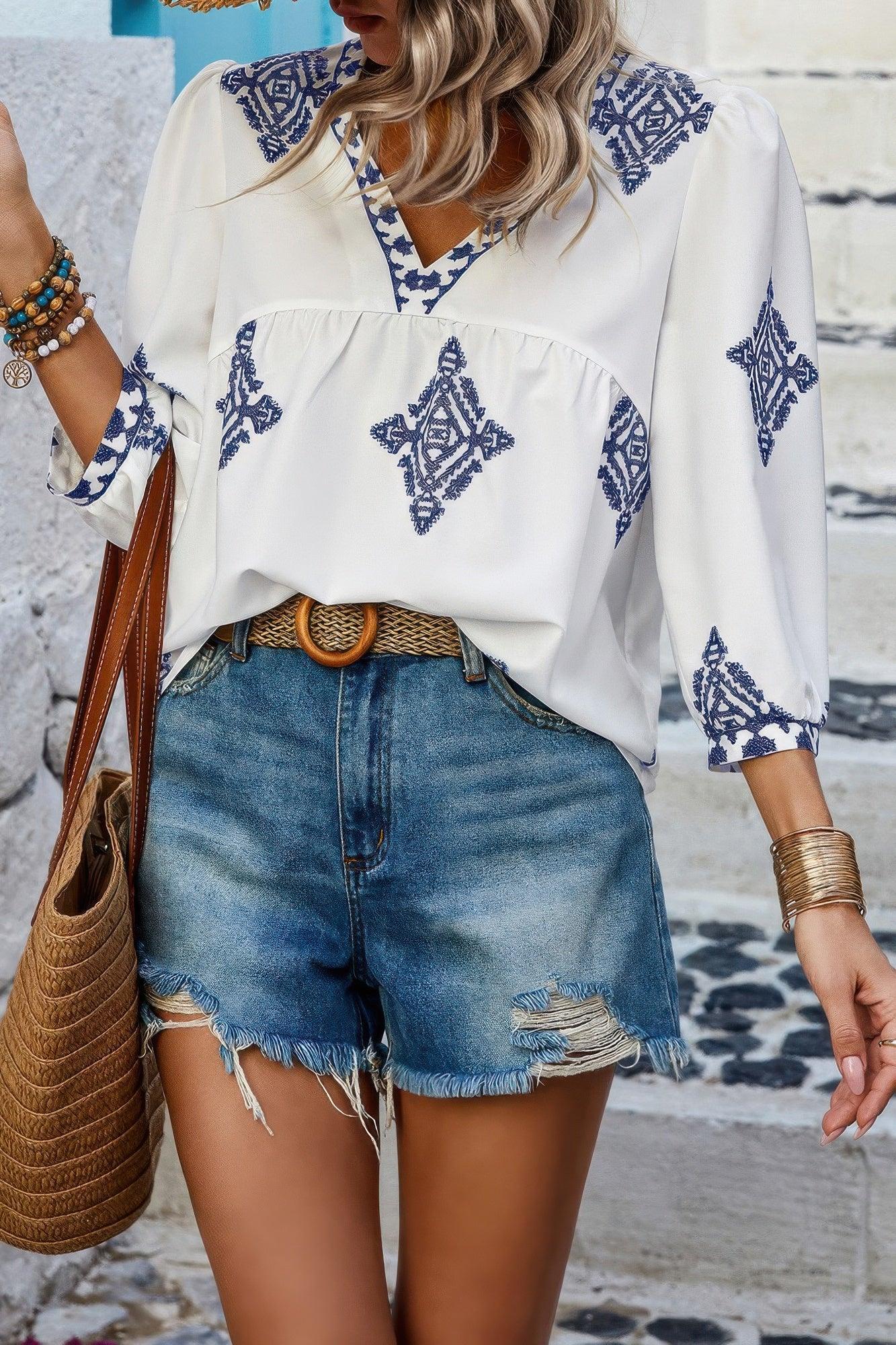 Printed T Shirt V Neck Loose Puff Sleeves Shirts | Mixtshop LLC Main image