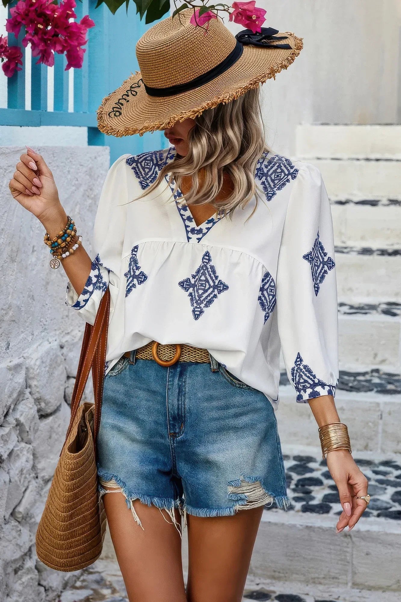 Printed T Shirt V Neck Loose Puff Sleeves Shirts Secondary image