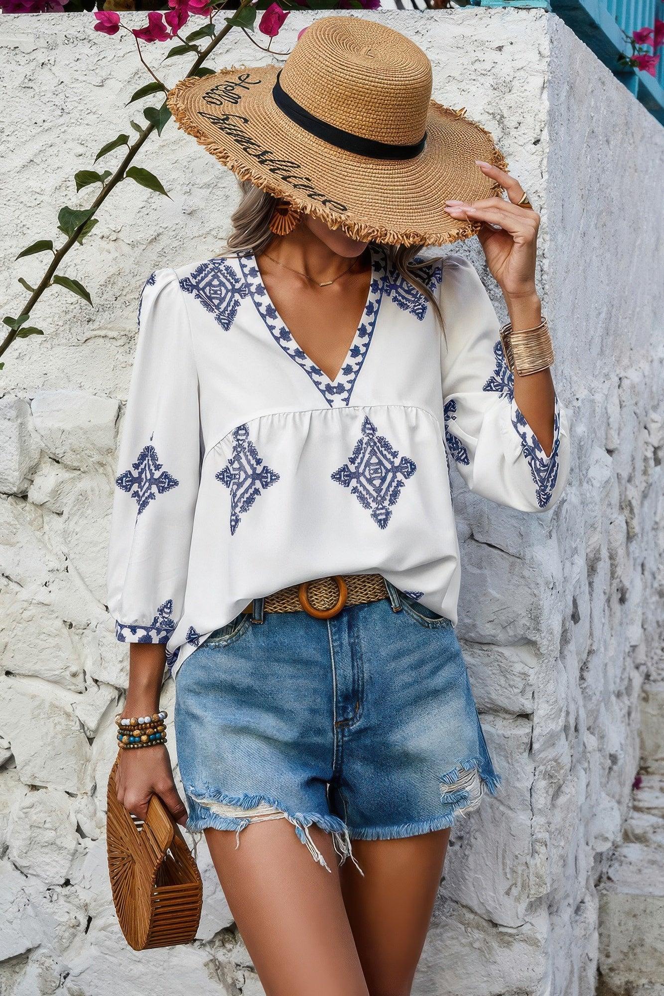 Printed T Shirt V Neck Loose Puff Sleeves Shirts | Mixtshop LLC