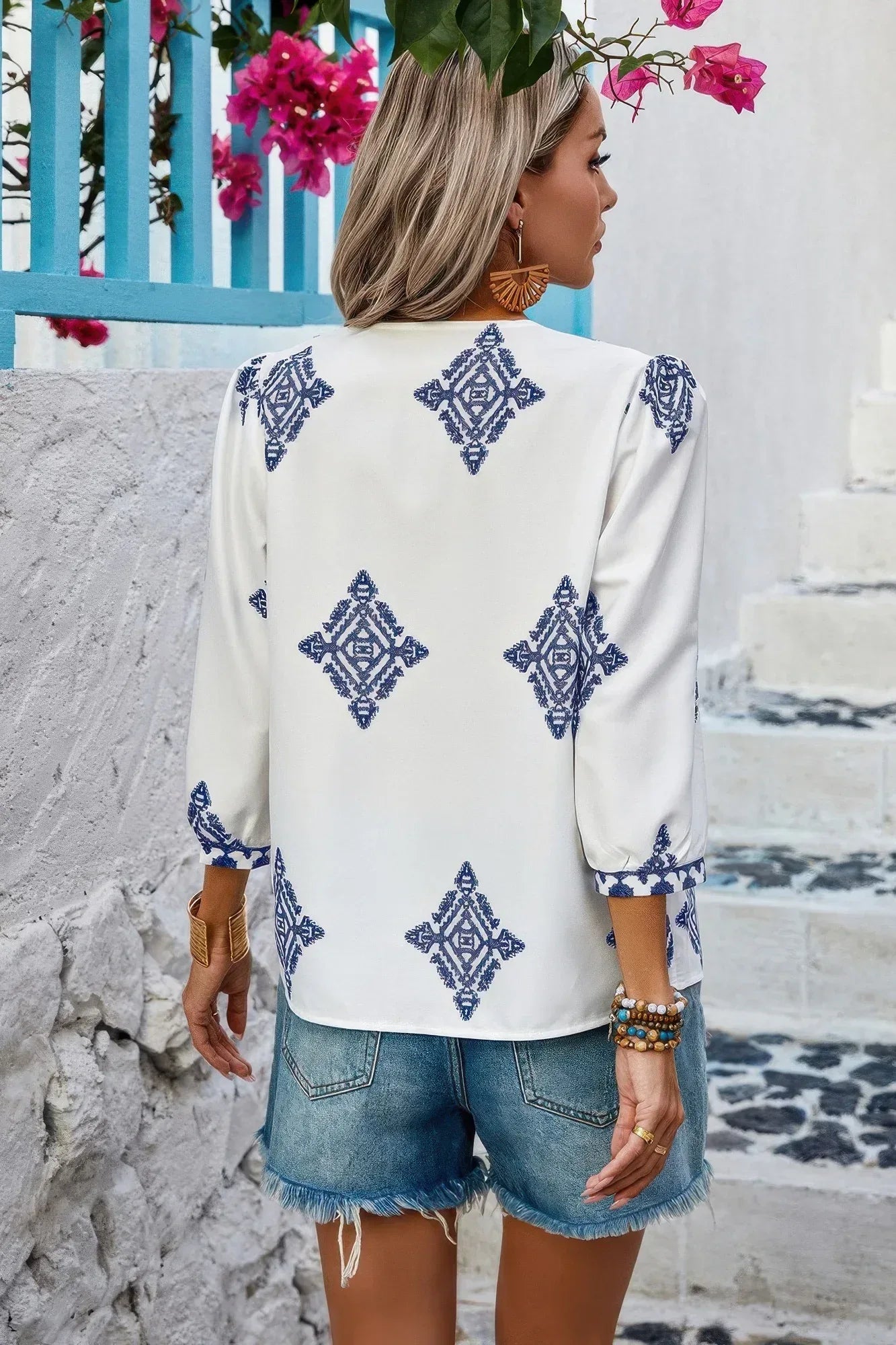 Printed T Shirt V Neck Loose Puff Sleeves Shirts | Mixtshop LLC