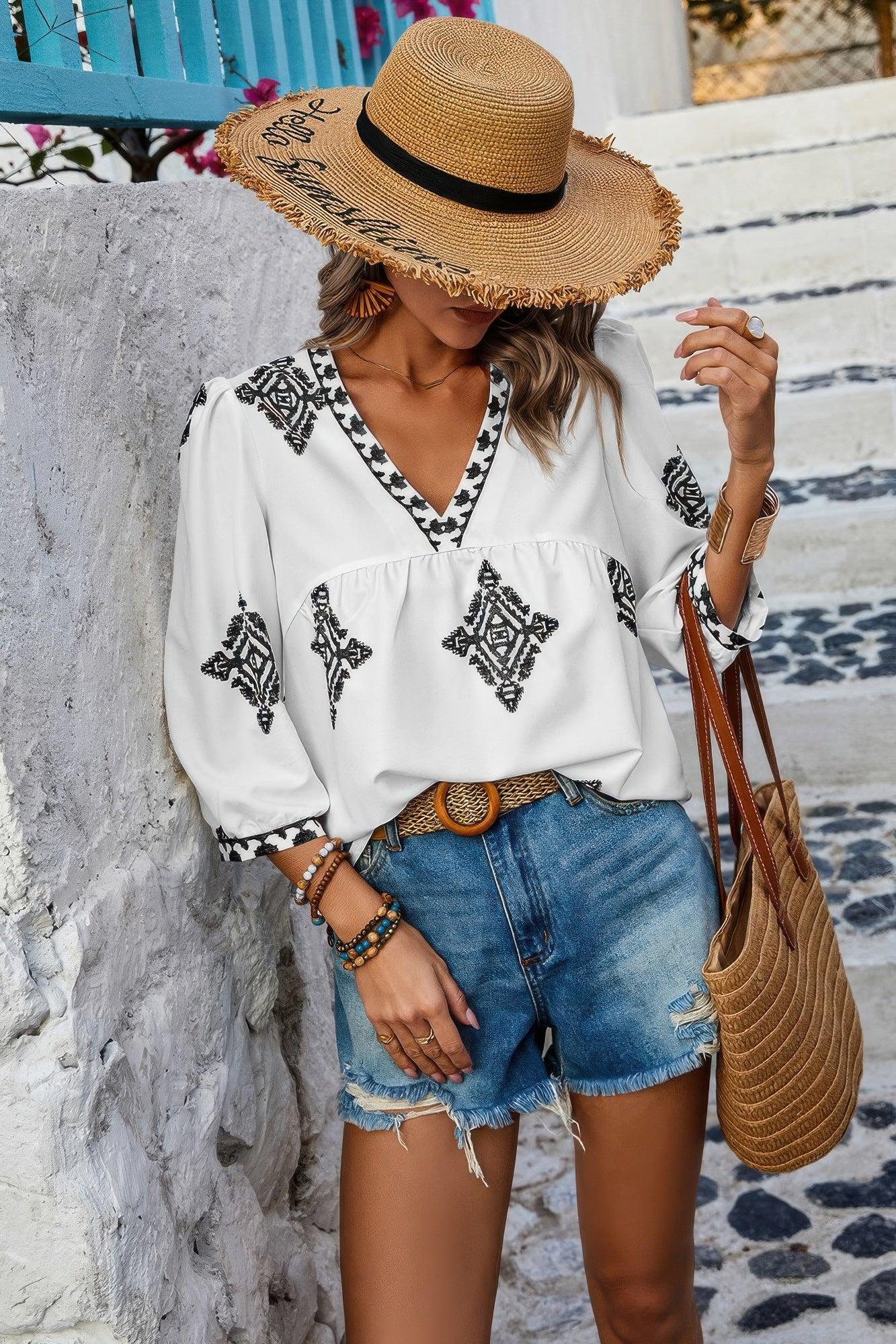 Printed T Shirt V Neck Loose Puff Sleeves Shirts | Mixtshop LLC