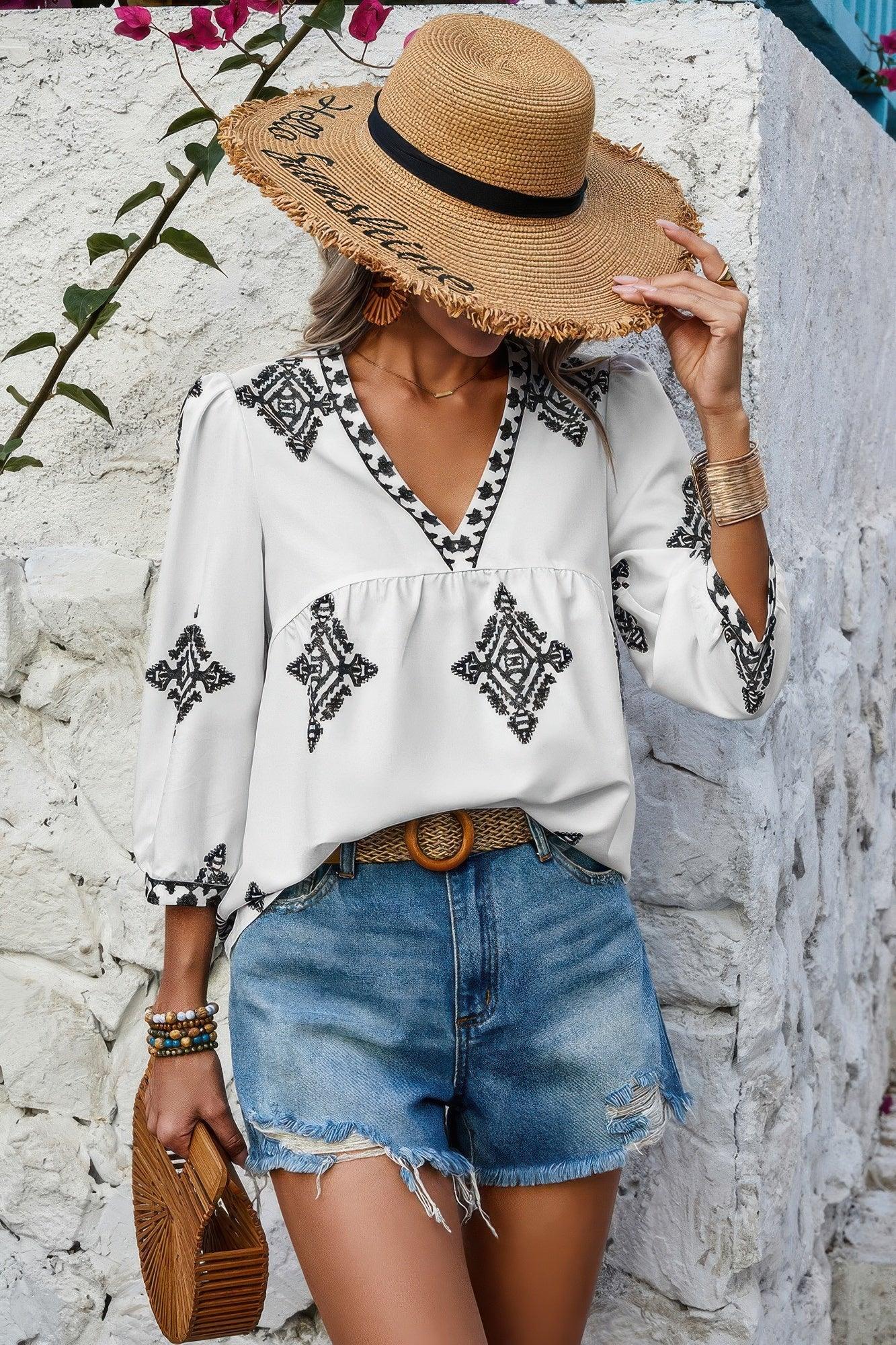 Printed T Shirt V Neck Loose Puff Sleeves Shirts | Mixtshop LLC
