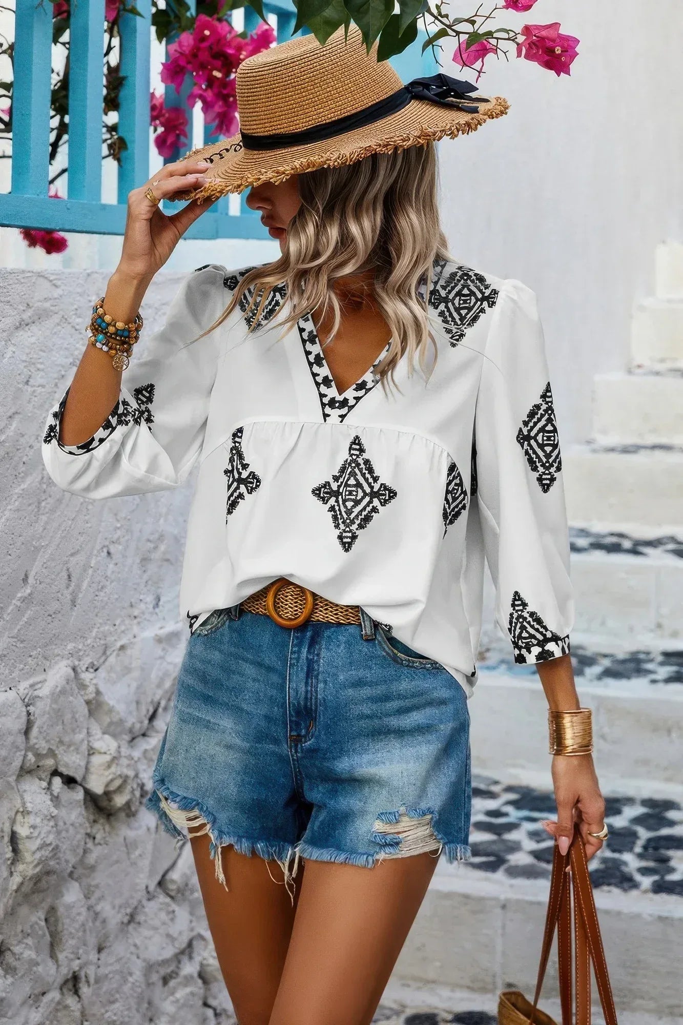 Printed T Shirt V Neck Loose Puff Sleeves Shirts | Mixtshop LLC