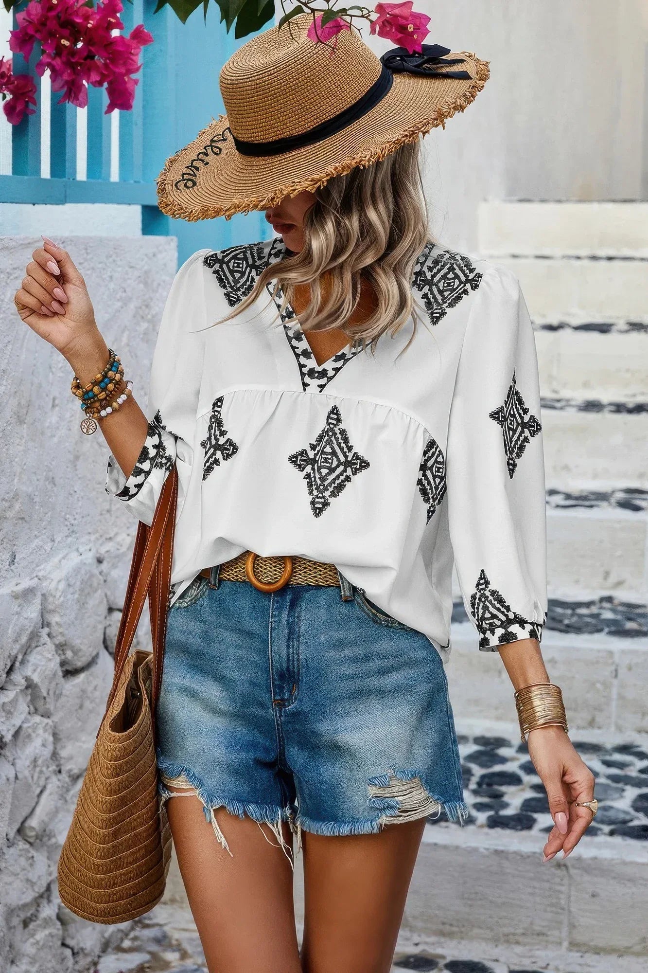 Printed T Shirt V Neck Loose Puff Sleeves Shirts | Mixtshop LLC
