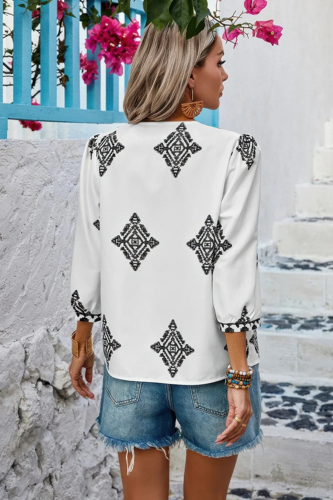 Printed T Shirt V Neck Loose Puff Sleeves Shirts | Mixtshop LLC