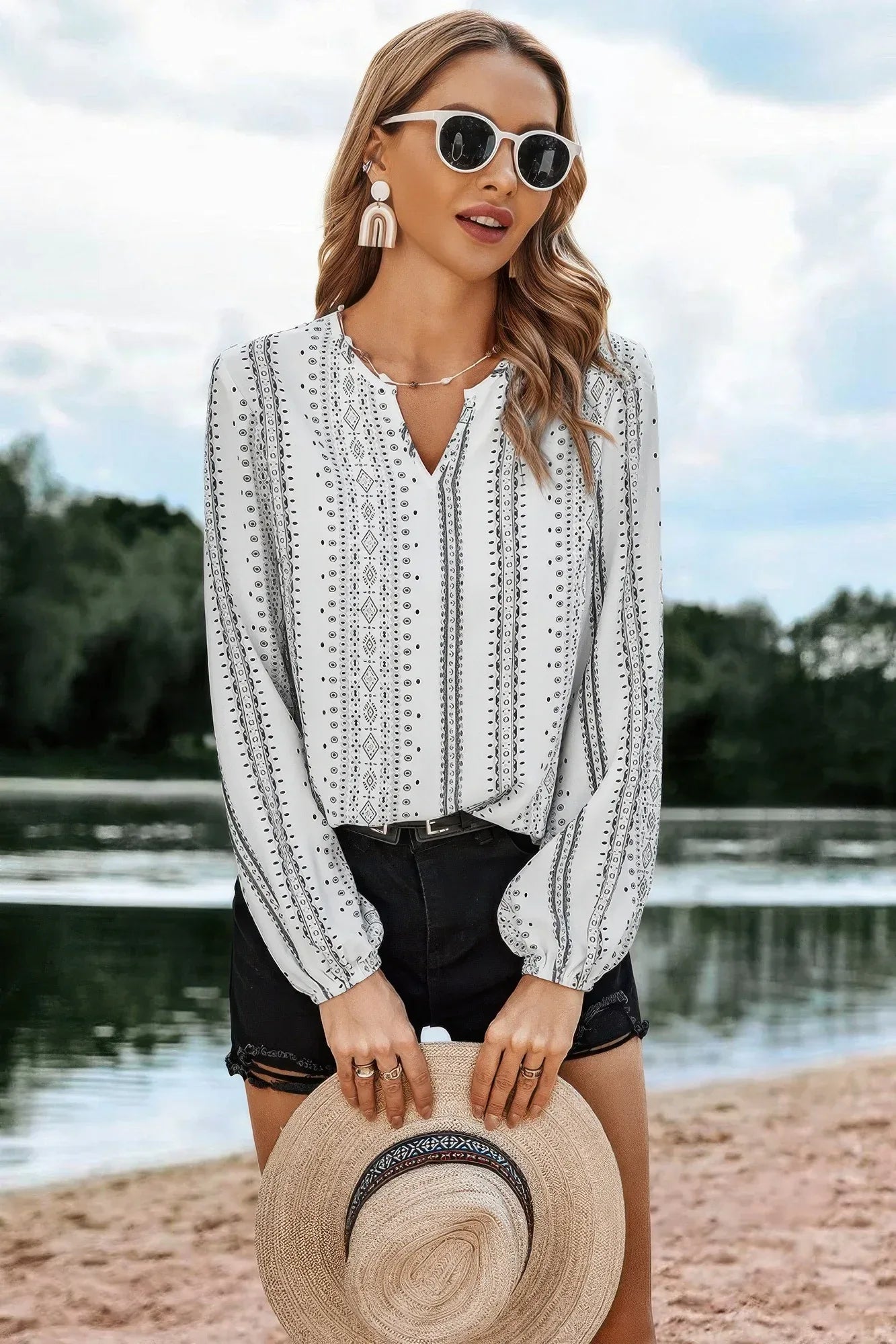 Striped V Neck Vertical Stripe Loose Blouse | Mixtshop LLC