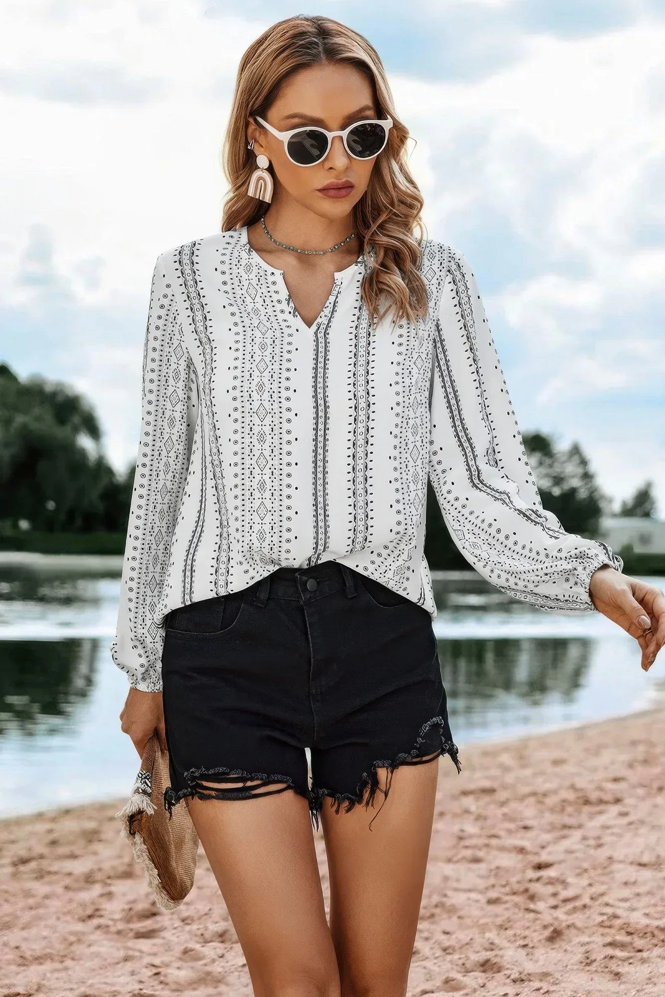 Striped V Neck Vertical Stripe Loose Blouse | Mixtshop LLC