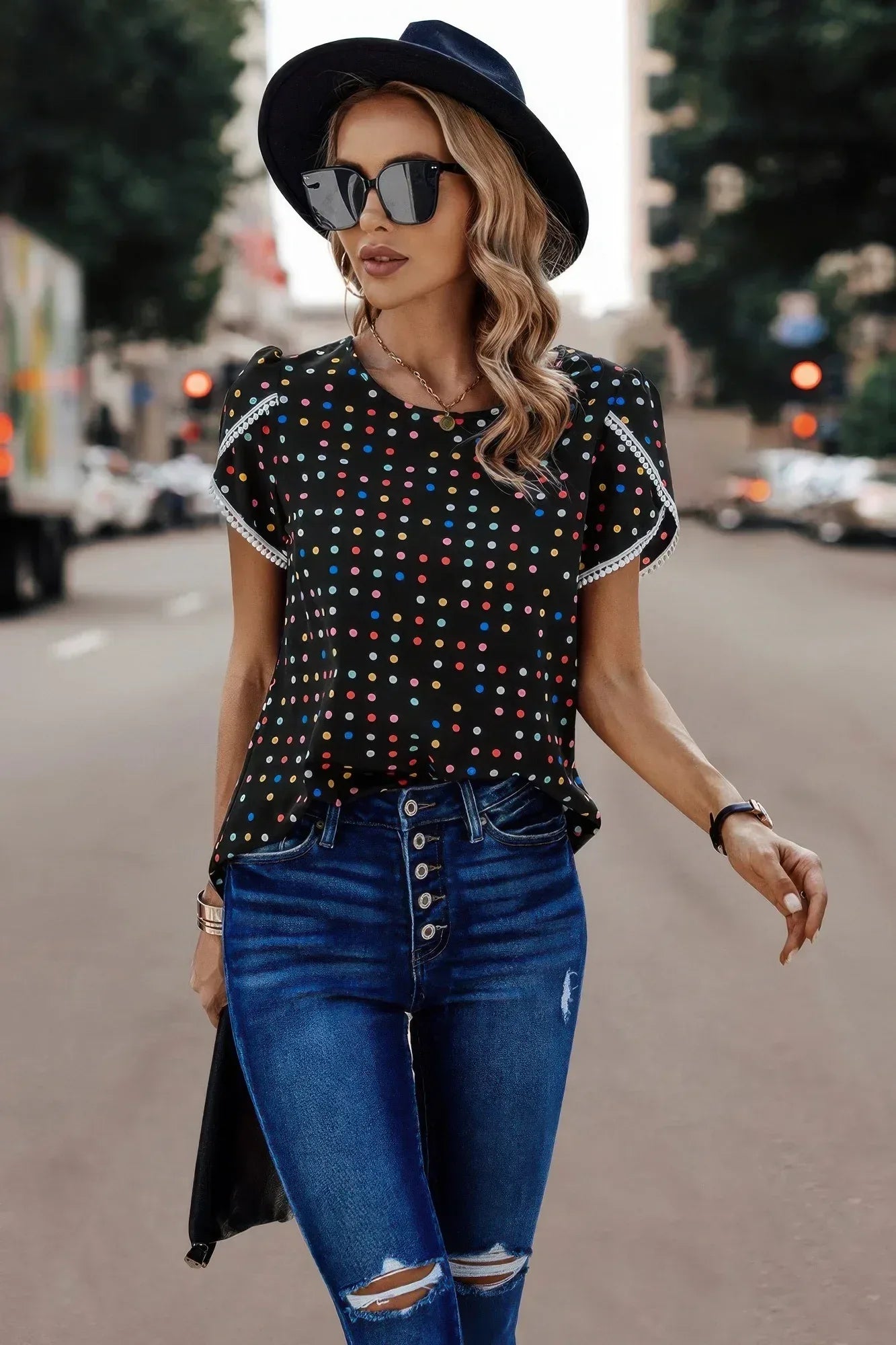 Round Neck Polka Dot Print Petal Sleeve Blouse Secondary image