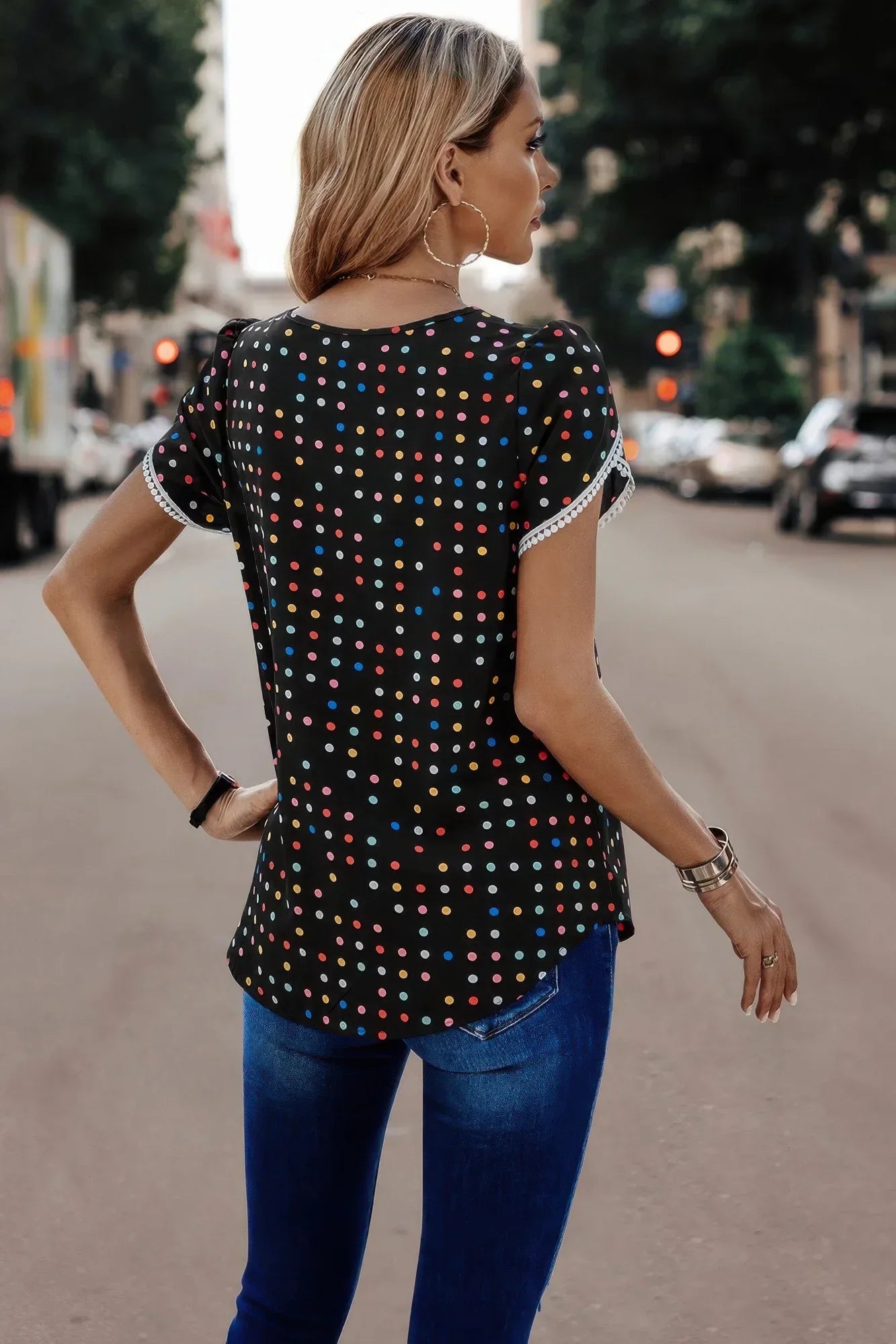 Round Neck Polka Dot Print Petal Sleeve Blouse | Mixtshop LLC