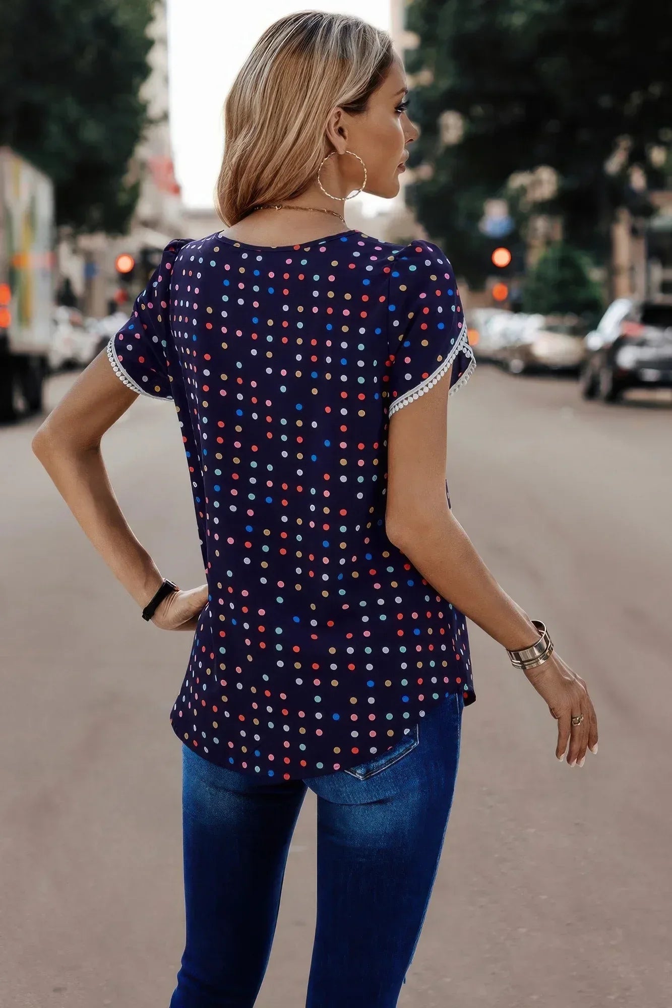 Round Neck Polka Dot Print Petal Sleeve Blouse | Mixtshop LLC