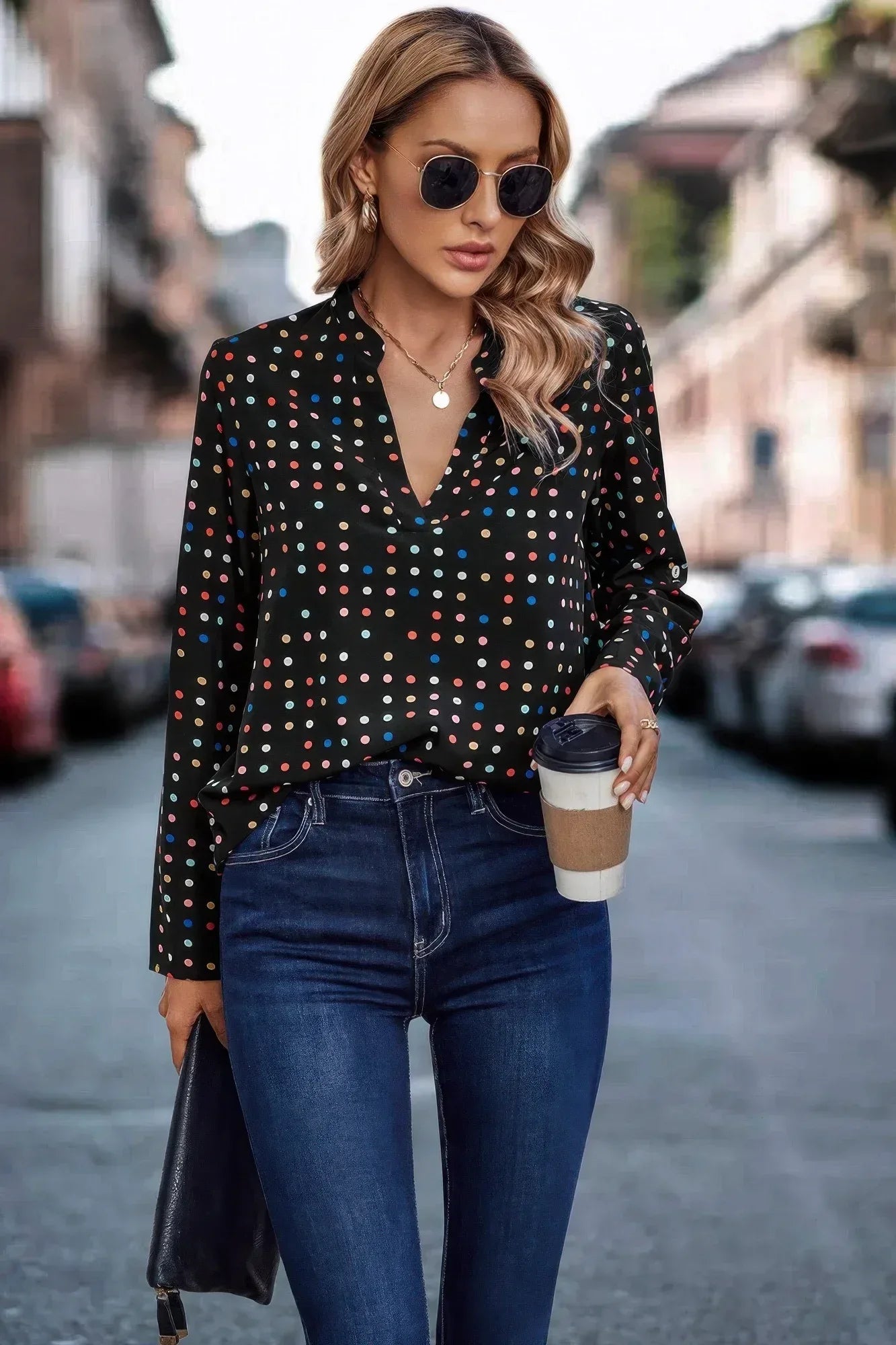 Polka Dot Puff Sleeve Notched Neckline Blouse Secondary image
