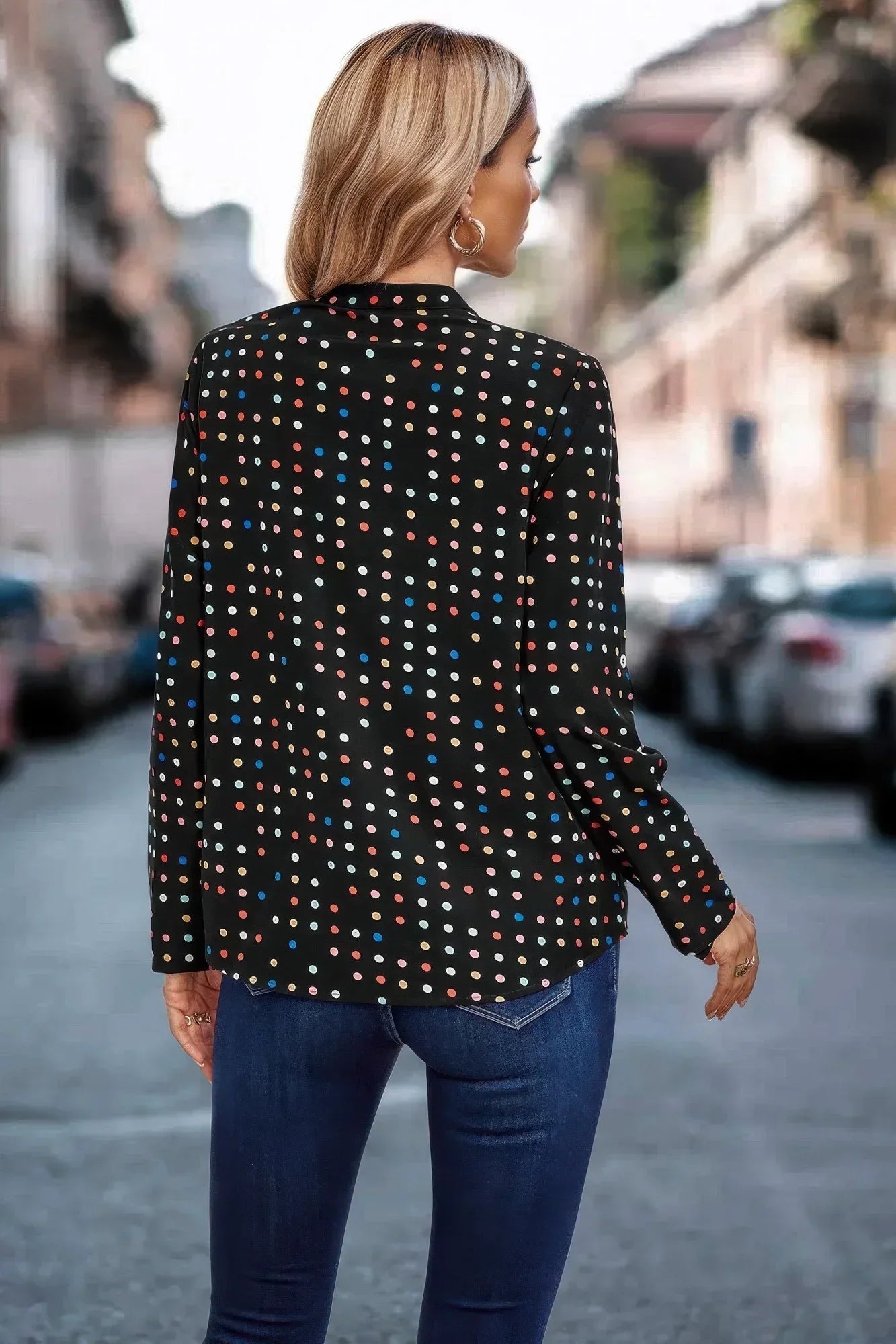 Polka Dot Puff Sleeve Notched Neckline Blouse | Mixtshop LLC