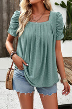 Square Neck Puff Sleeve Tunic Tops Eyelet Shirt | Mixtshop LLC