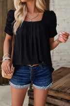 Square Neck Puff Sleeve Tunic Tops Eyelet Shirt | Mixtshop LLC