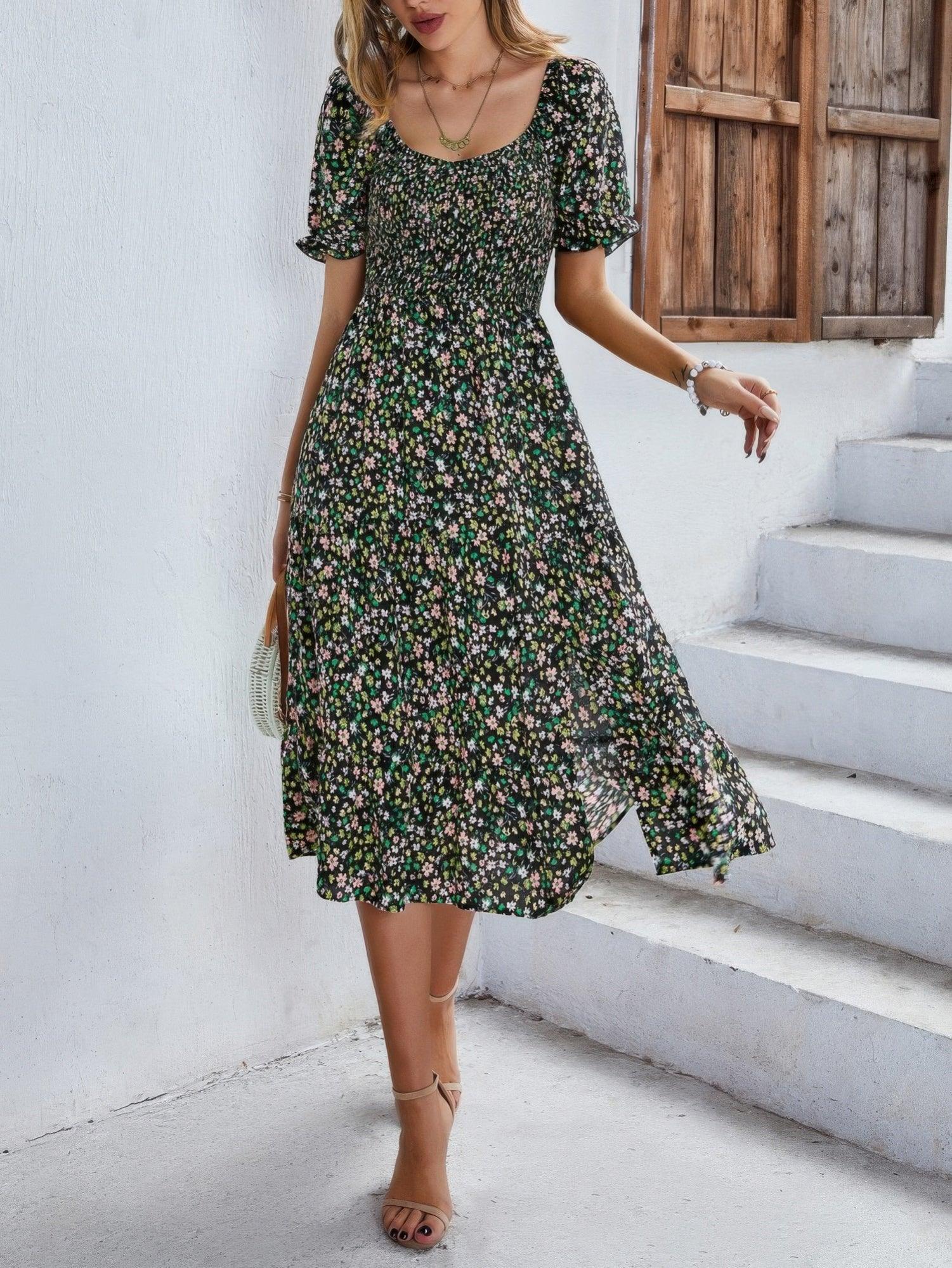 Bohemia Floral Puff Sleeve Flounce Sleeve Dress | Mixtshop LLC Main image