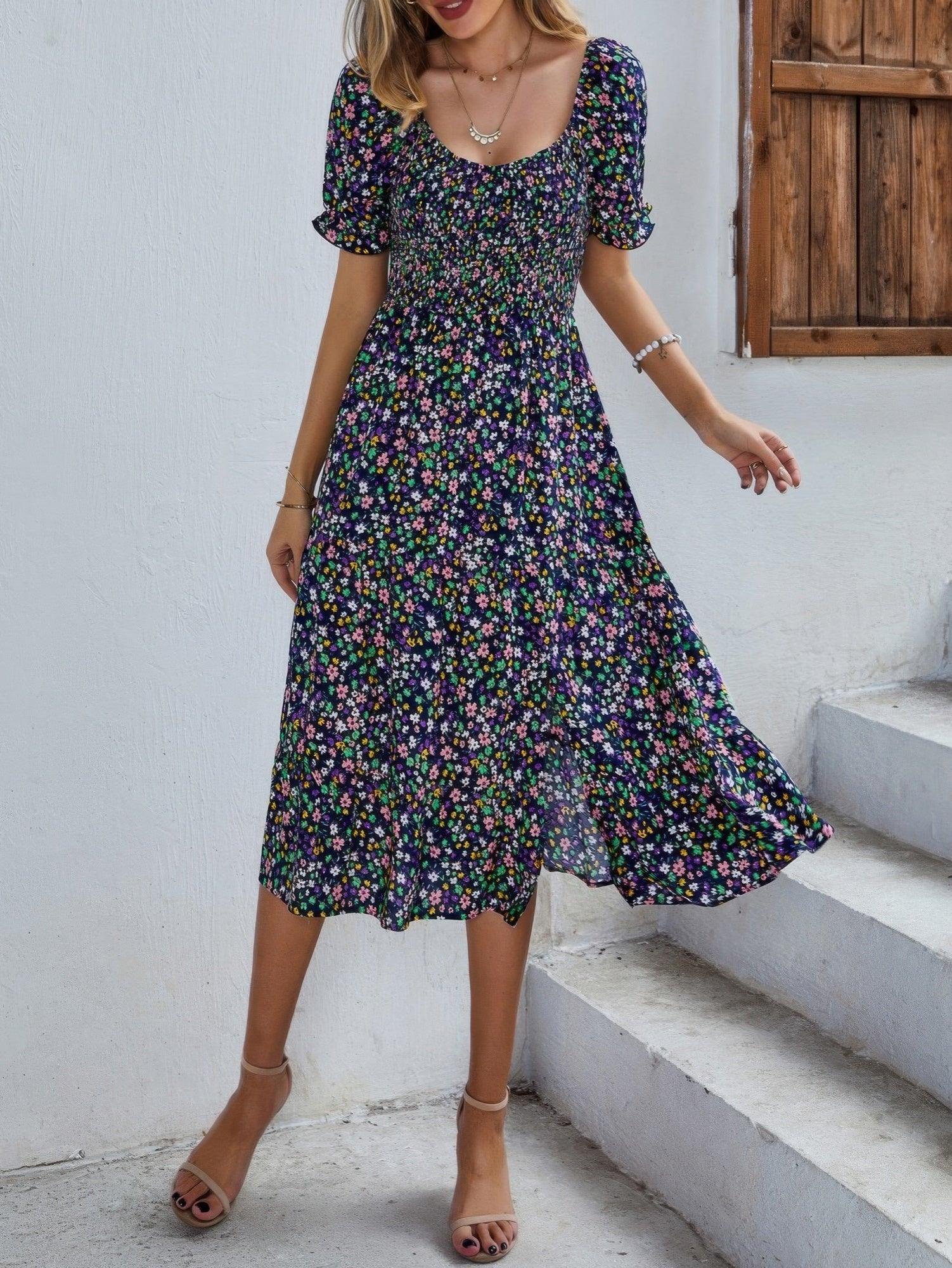 Bohemia Floral Puff Sleeve Flounce Sleeve Dress | Mixtshop LLC