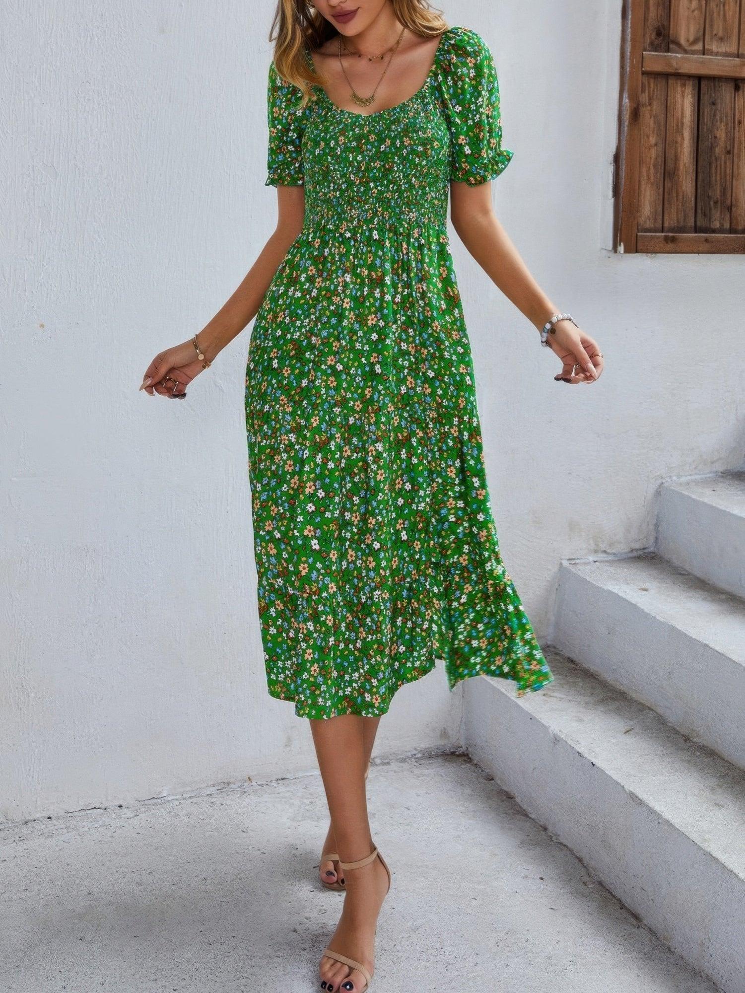Bohemia Floral Puff Sleeve Flounce Sleeve Dress | Mixtshop LLC