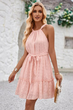 Solid Halter Neck Sleeveless Waist Tie Ruffle Dres | Mixtshop LLC