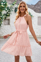 Solid Halter Neck Sleeveless Waist Tie Ruffle Dres | Mixtshop LLC