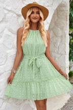 Solid Halter Neck Sleeveless Waist Tie Ruffle Dres | Mixtshop LLC