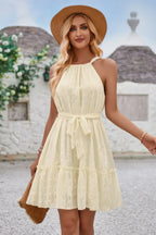 Solid Halter Neck Sleeveless Waist Tie Ruffle Dres | Mixtshop LLC