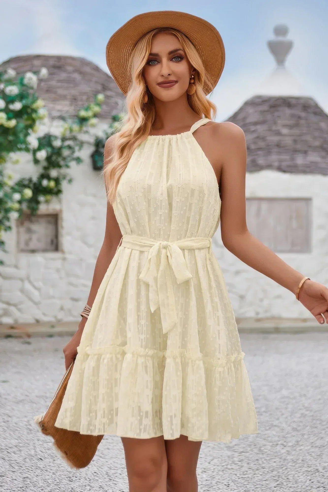Solid Halter Neck Sleeveless Waist Tie Ruffle Dres | Mixtshop LLC