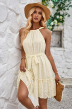 Solid Halter Neck Sleeveless Waist Tie Ruffle Dres | Mixtshop LLC