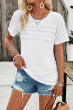 Crew Neck Short Sleeve Pleated Elegant Tee T Shirt | Mixtshop LLC