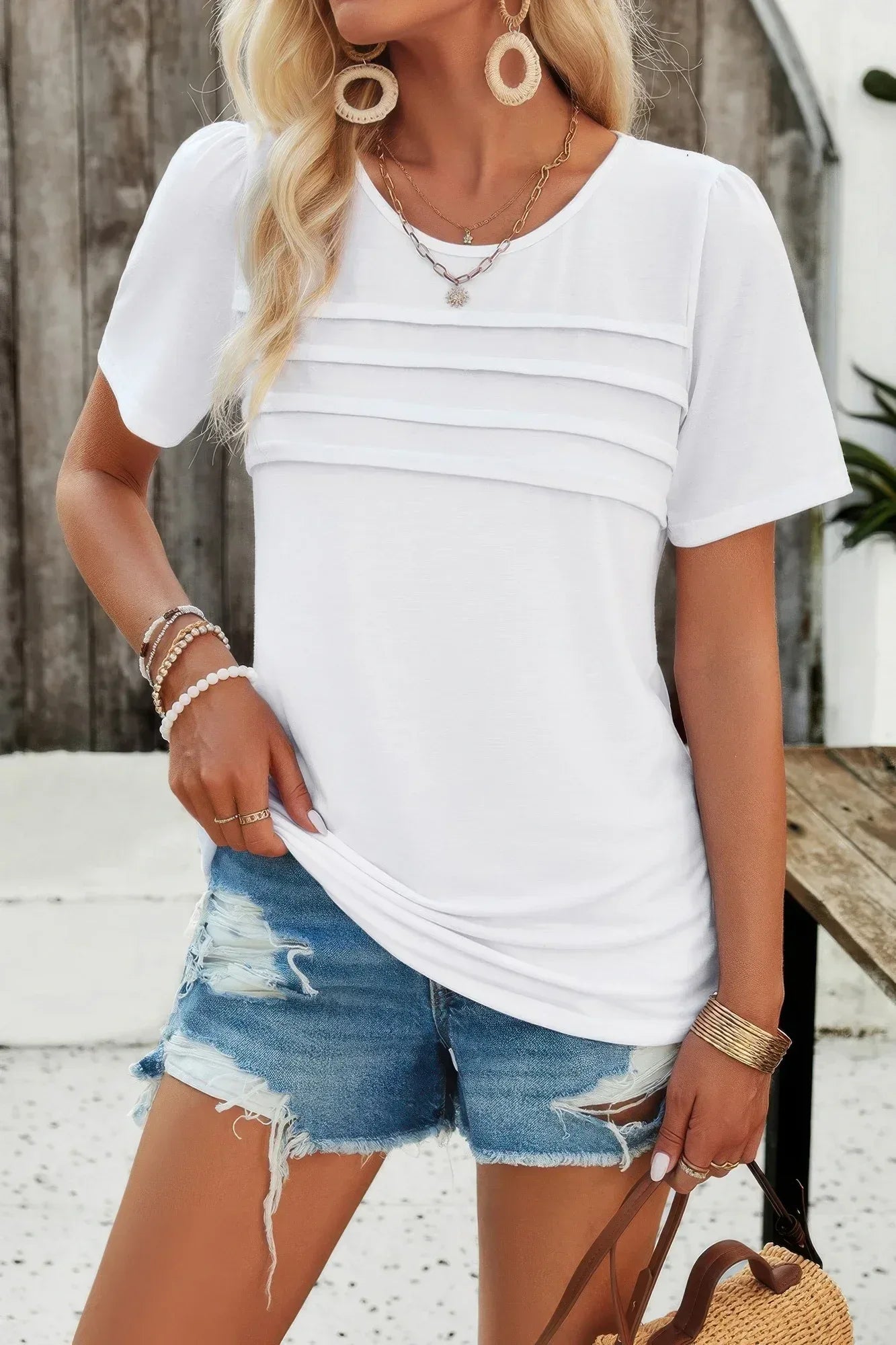 Crew Neck Short Sleeve Pleated Elegant Tee T Shirt | Mixtshop LLC