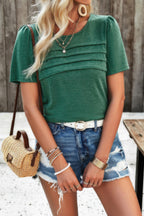 Crew Neck Short Sleeve Pleated Elegant Tee T Shirt | Mixtshop LLC