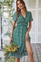 Deep V Neck Floral Boho Ruffle Short Sleeve Dress | Mixtshop LLC