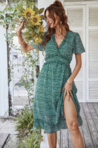 Deep V Neck Floral Boho Ruffle Short Sleeve Dress | Mixtshop LLC