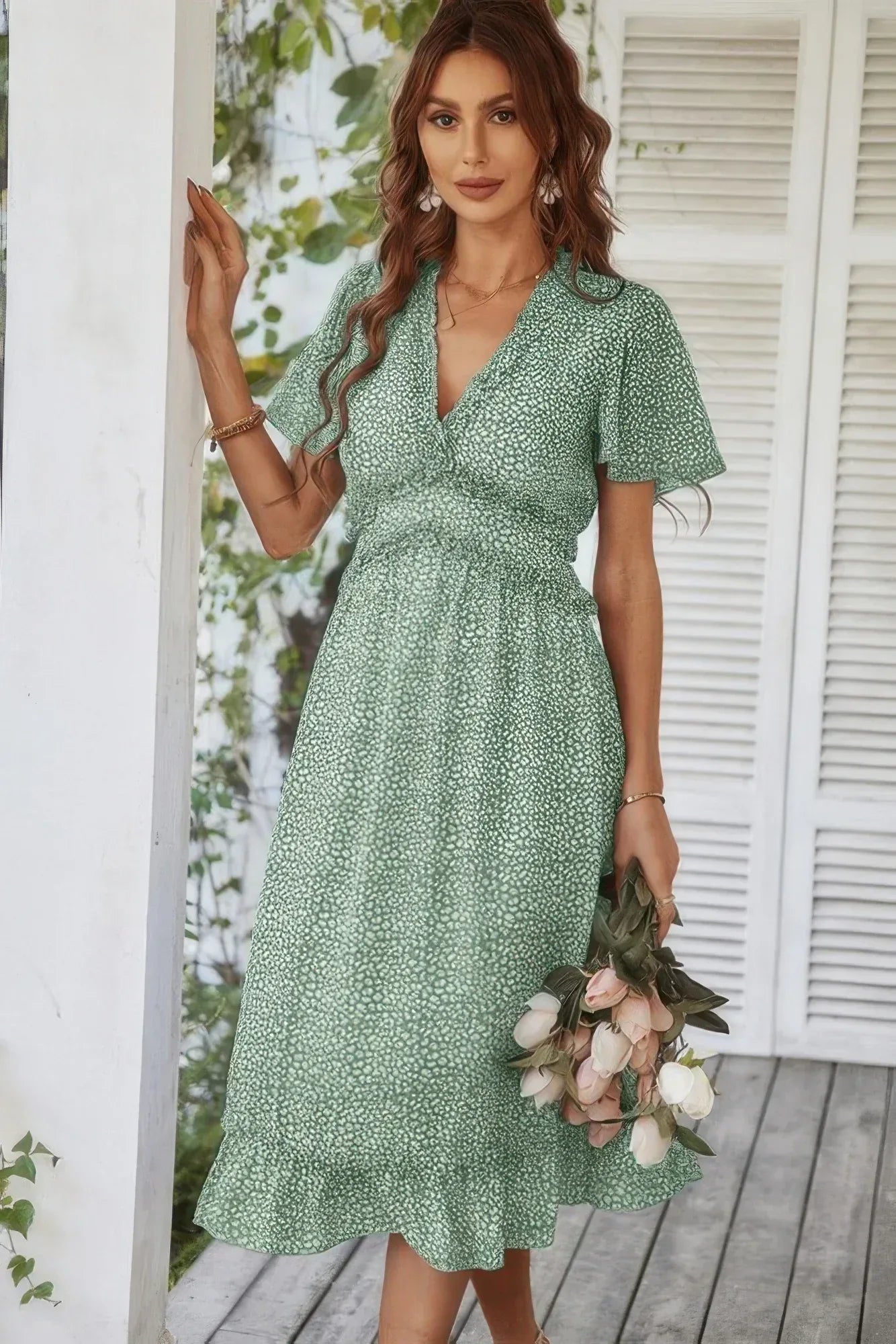 Deep V Neck Floral Boho Ruffle Short Sleeve Dress | Mixtshop LLC