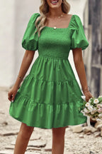 Square Neck Ruched Balloon Sleeve Smocked Midi Dress | Mixtshop LLC