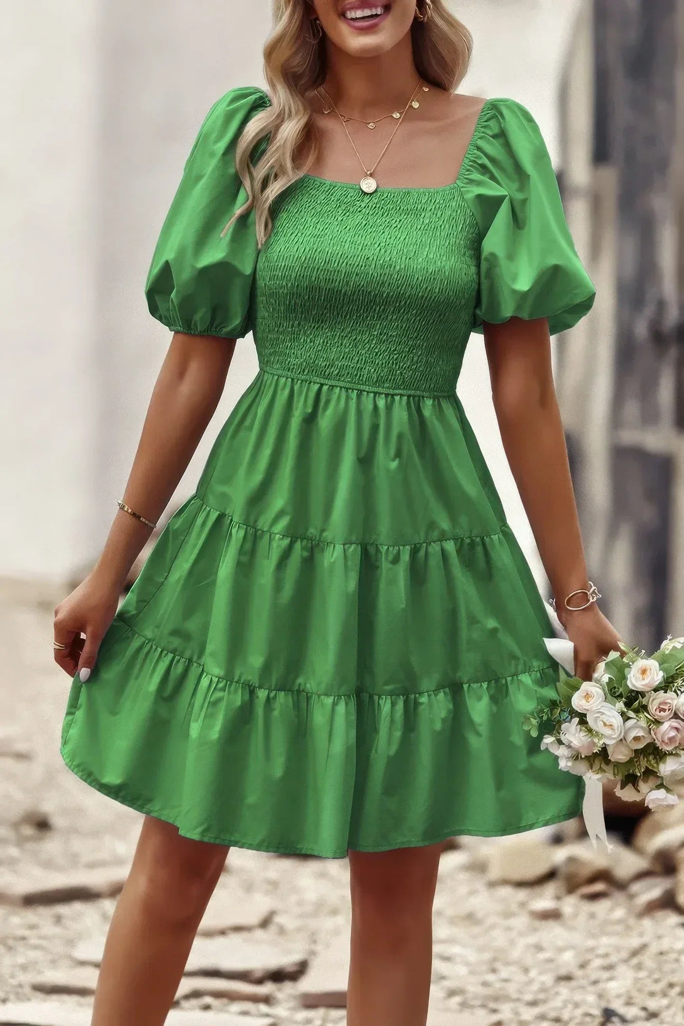 Square Neck Ruched Balloon Sleeve Smocked Midi Dress | Mixtshop LLC
