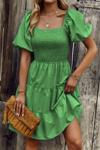 Square Neck Ruched Balloon Sleeve Smocked Midi Dress | Mixtshop LLC