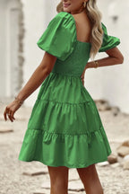 Square Neck Ruched Balloon Sleeve Smocked Midi Dress | Mixtshop LLC