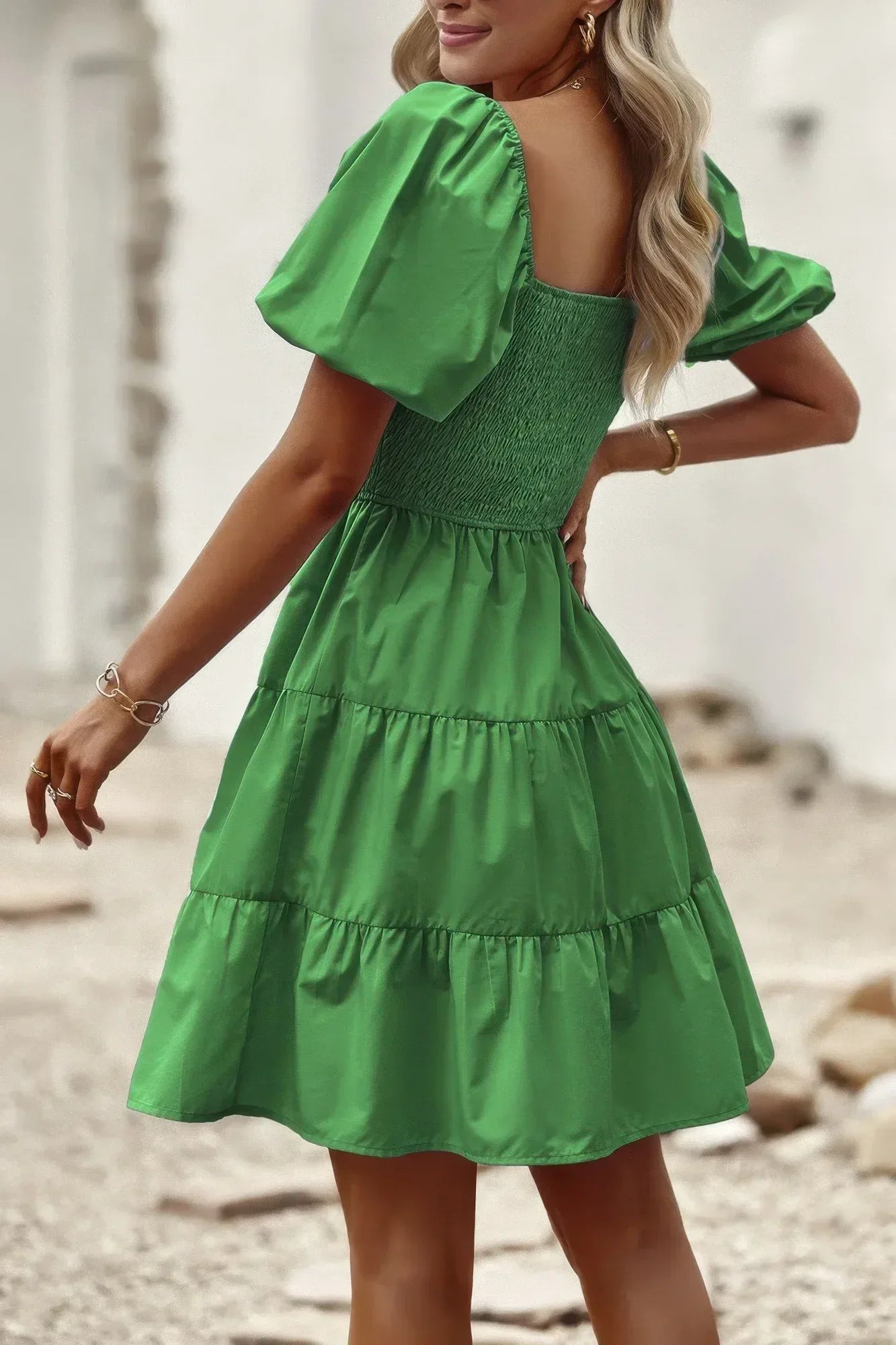 Square Neck Ruched Balloon Sleeve Smocked Midi Dress | Mixtshop LLC